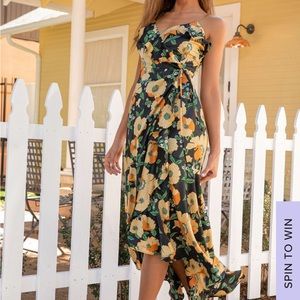 Lulus Black & Yellow Floral Print Wrap Dress
